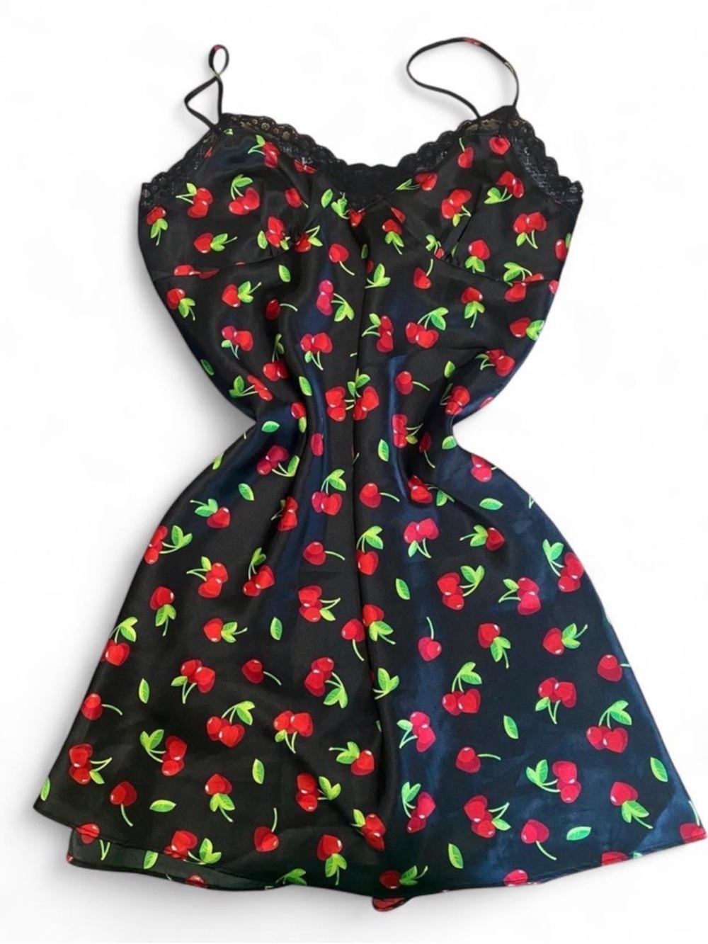 Black Cherry Print Satin Chemise with Lace Trim